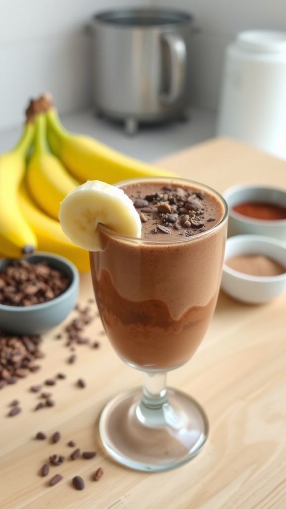 A glass of cacao and banana smoothie topped with cacao nibs and a banana slice, on a wooden table.
